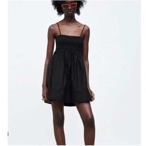 ZARA Volume Poplin Ribbed Babydoll Mini Dress Black Size L